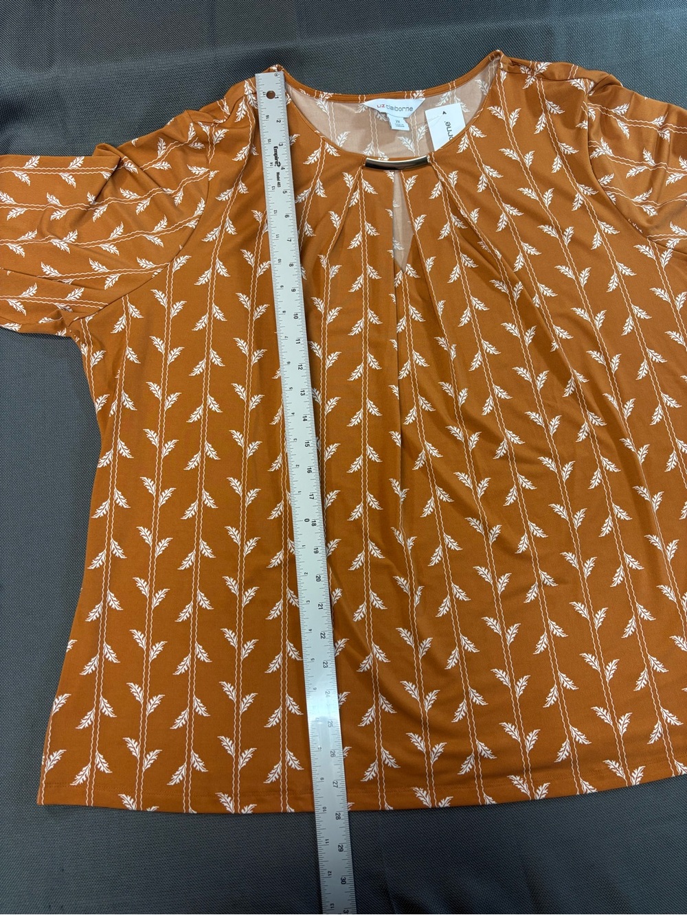Liz Claiborne Women's Rust orange Patterned U-ring Keyhole 3/4 sleeve Top 2XL - Picture 3 of 6